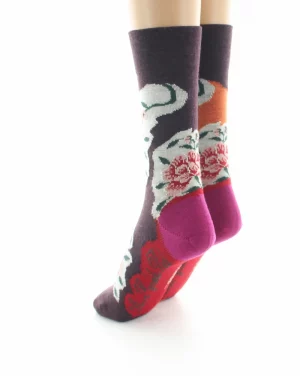 Chaussettes femme laine - BERTHE Aux Grands Pieds - fleurs orange/bordeaux – Image 2